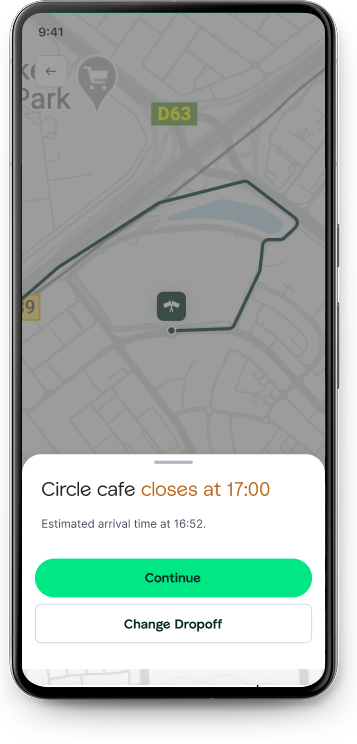 Drop-off warning showing a venue's opening hours before confirming a stop